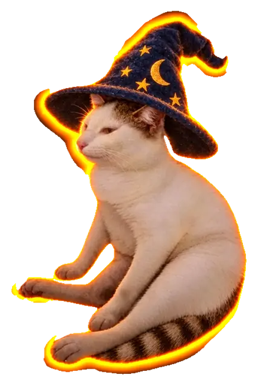 Funny Wizard Cat in his moon-and-star hat, sitting with a slightly guilty look