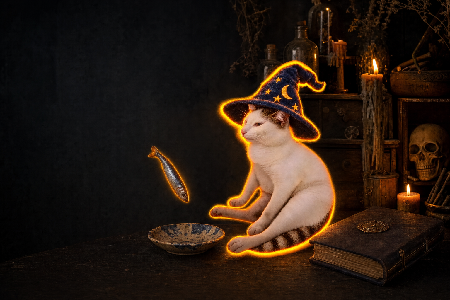Funny Wizard Cat in a starry wizard hat, sitting on a dark alchemy table beside a bowl and an old spellbook, staring at a levitating sardine