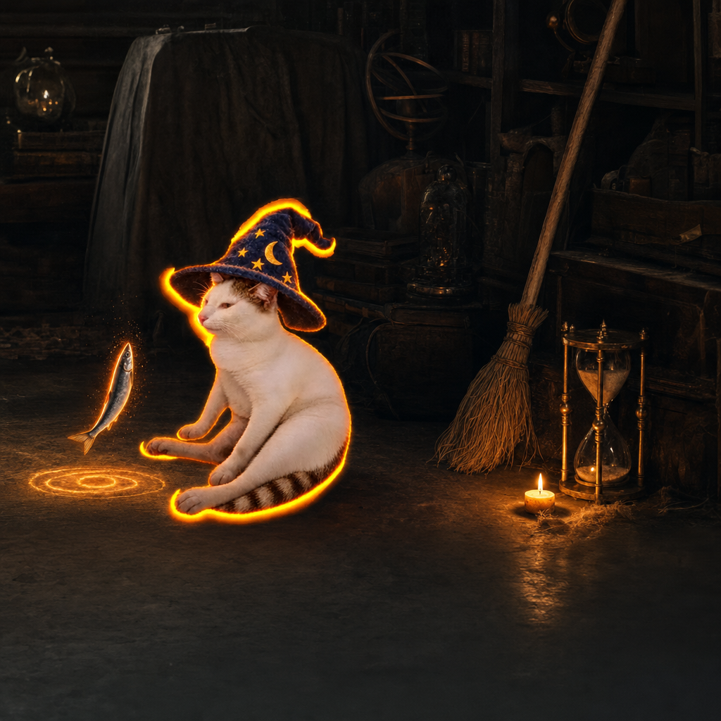 Funny Wizard Cat seated on a workshop floor, levitating a sardine above a glowing rune circle, a broom and hourglass behind him